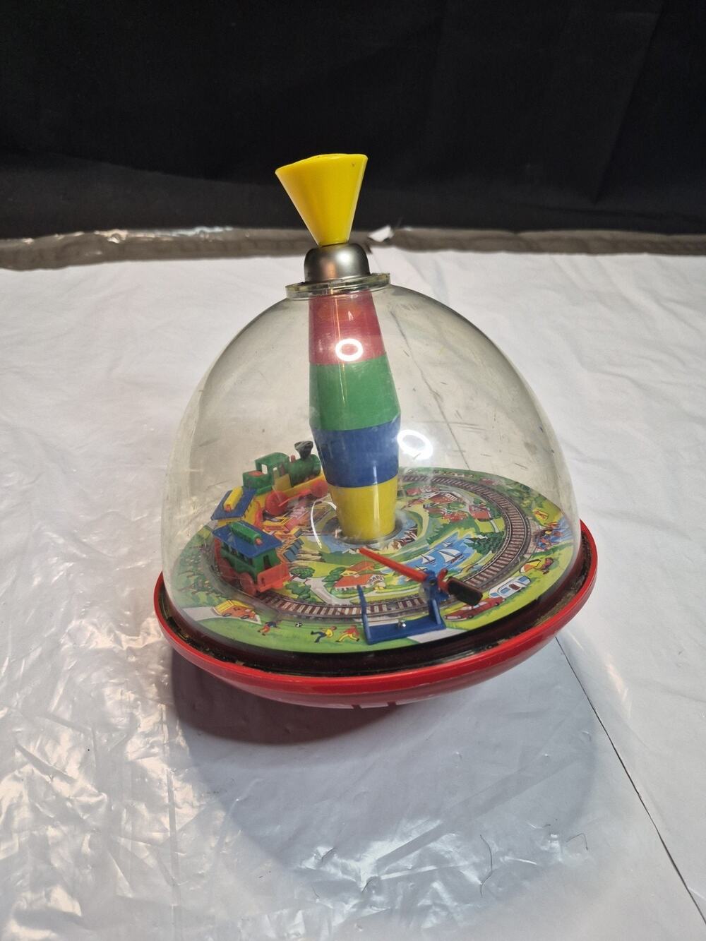 Vintage Spinning Top Toy with Clear Dome and Train Design Fun Retro Toy..